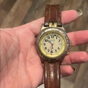 Vintage Guess Brown Leather Strap Watch with Gold Accents
